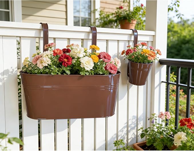 Set of 4 Outdoor Metal Railing Planters Box - 2 Pcs 5.12" Round Balcony Hanging Planter & 2 Pcs 17" Oval Fence Pot with Detachable Hooks Drainage, Chocolate