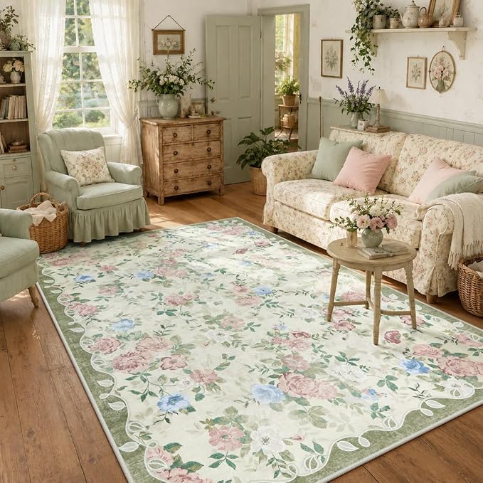 Lahome Green Floral Washable Rug 5x7, Boho Area Rug for Bedroom | Vintage Living Room Rugs Non Slip Low Pile Ultra-Thin Large Carpet for Farmhouse Dining Room Kids Playroom Nina (Cream/Green)