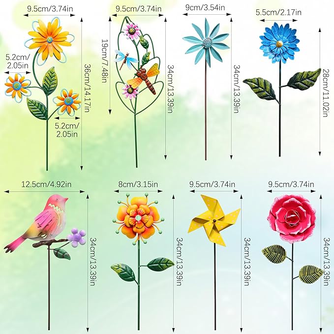 8 Pcs Metal Flower Yard Art for Outside Outdoor 14" 5d Summer Wildflowers Metal Sign Waterproof Garden Stakes Bird Dragonfly Windmill Landscape Decoration for Lawn Yard Garden Patio Porch