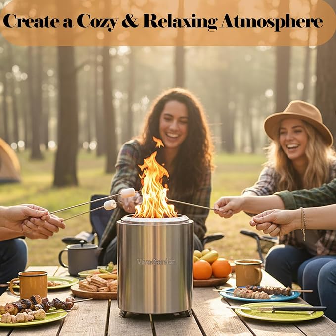 Portable Tabletop Fire Pit, VivaGarden Smokeless Table Top Fire Pit, Wood Burning & Pellets Outdoor Camping Stove with Carry Bag, Forks and Mat (9.7x7.1 Inch, Silver)