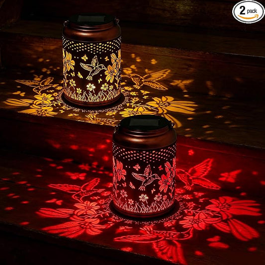 2 Pack Hummingbird Solar Lanterns Outdoor Waterproof, Birthday Gifts for Women Mom Grandma Seniors, Metal Hanging Lanterns Decorative Colorful LED Lights for Lawn, Yard, Patio, Backyard, Porch