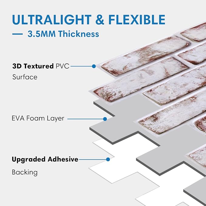 COMSTICKC 3D Faux Brick Wall Panel Red-Tinted White, Peel and Stick Wall Covering, 12 Pcs of 22.8" x 11.8", Not Real Brick, UrltraLight PVC Self Adhesive Wall Tile, Paintable, Covers 22.48 sq.ft