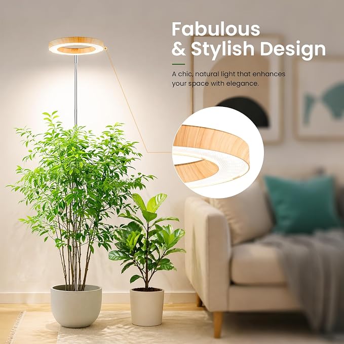 LBW Grow Lights for Indoor Plants, 6.3" Full Spectrum Plant Light with Base, 65" Height Adjustable Grow Lamp, 6/8/12/16H Timer, 3 Colors, 5 Dimmable Levels, for Tall Large Plants, Bamboo Grain, 2 Pack
