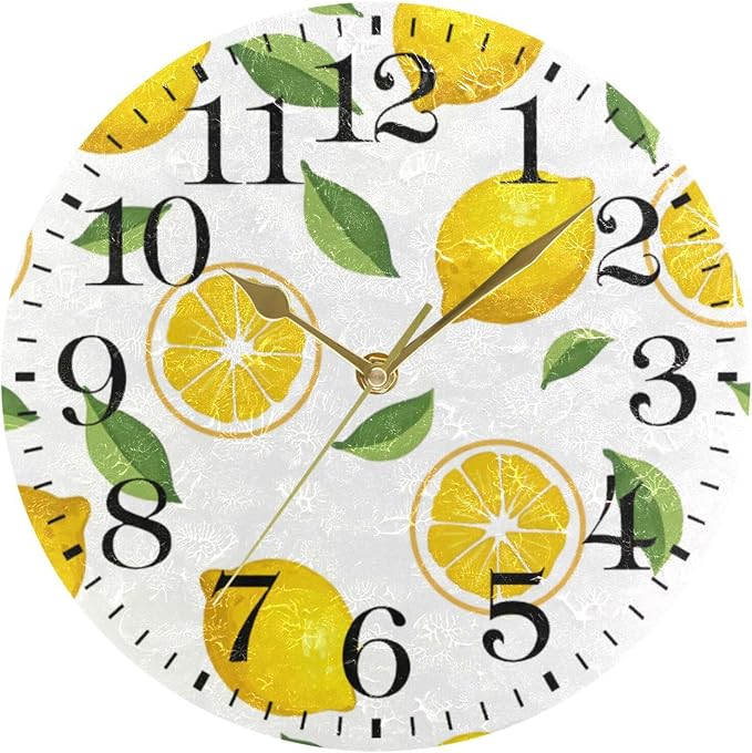 ALAZA Home Decor Summer Lemon Fruit Leaves 9.84 inch Round Acrylic Wall Clock Non Ticking Silent Clock Art for Living Room Kitchen Bedroom(Gold Pointer)