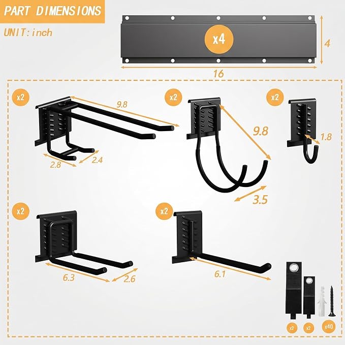 CBWLWJ 64 Inch Garage Tool Organizer Wall Mount, Heavy Duty Steel Storage Rack with 10 Adjustable Hooks, 680 lbs Capacity for Garage, Shed, Basement, Workshop,（Black）