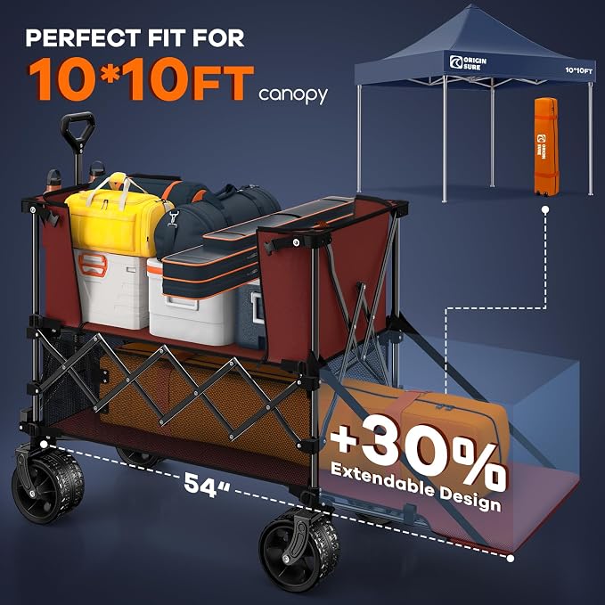 Originsure 400L Double Decker Wagon Collapsible with 54" L Tailgate, 560lbs Heavy Duty Carts Foldable, Extra Large Folding Beach Wagon with Big All-Terrain Wheels for Camping, Sports, Groceries, Red