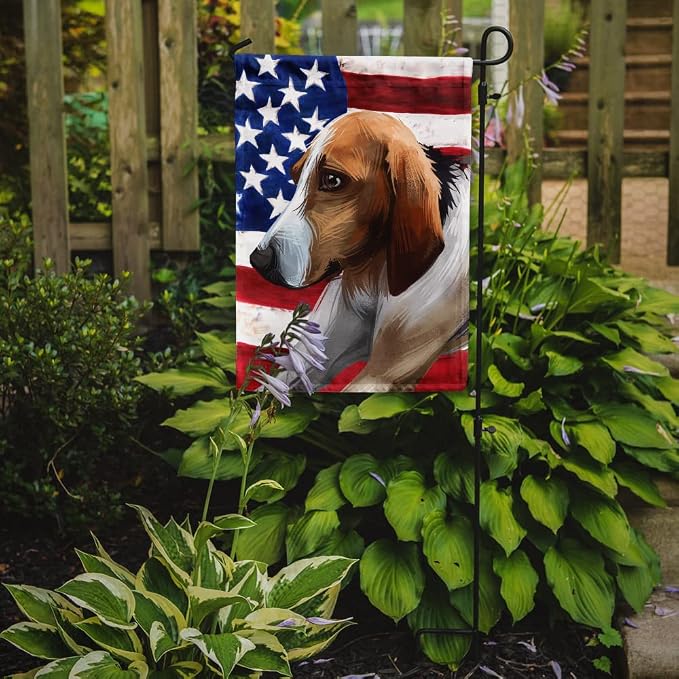 Caroline's Treasures CK6650GF Poitevin Dog American Flag Garden Flag Mailbox Flag Decorative Yard Flag Banner Outside Patio Artwork Yard Flower Beds, Garden Size, Multicolor