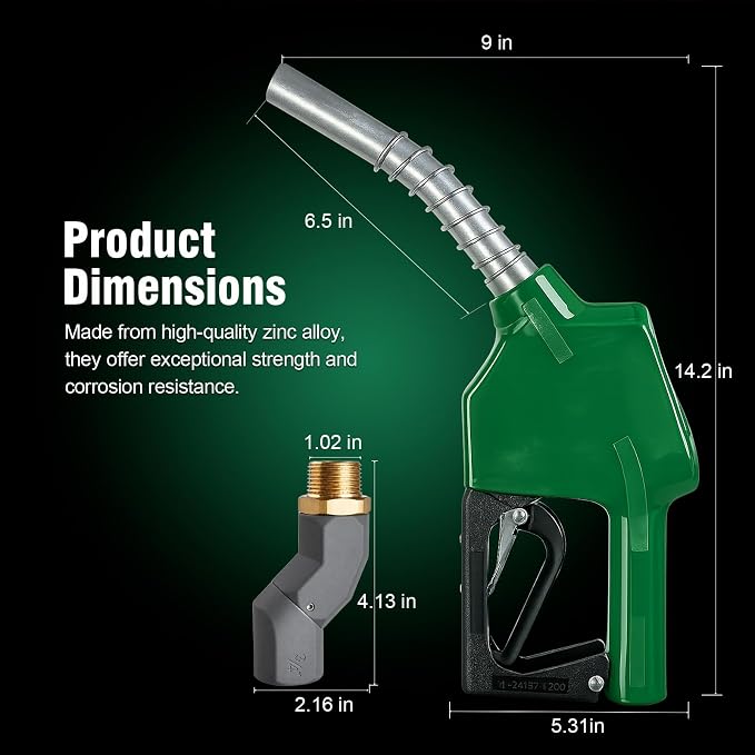 3/4" NPT Auto Shut-Off Fuel Nozzle, Gas Pump Nozzle with 3-Speed Padlock (9-16 GPM) - 360° Swivel Hose for Gasoline, Diesel, Biodiesel B20, E15 & Kerosene (GREEN)