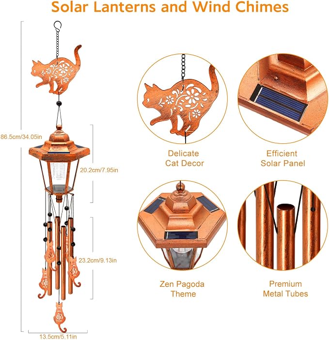 Cat Solar Wind Chimes for Outside, Birthday Gifts for Mom Women Grandma Mother's Day Memorial, 34-Inch Windchimes with Wind Spinner, Outdoor Hanging Solar Lights Waterproof Garden Decor Yard, 2 Pack