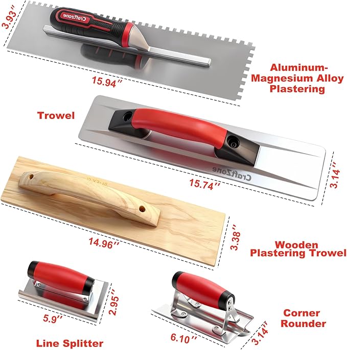 9 Pcs Masonry Hand Tool Set Concrete Trowel Set Includes Large Flat Finishing Wood Float Concrete Edger and Groover Wire Twister Margin Gauging in a Tools Bag