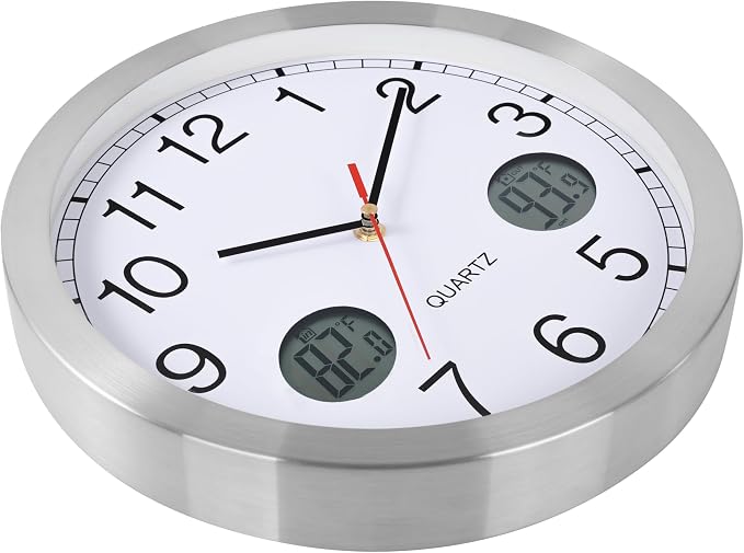 jomparis Outdoor Clock with Outdoor and Indoor Thermometer Combo,12 Inch Metal Frame Outdoor Wall Clock for Patio Pool (Silver)
