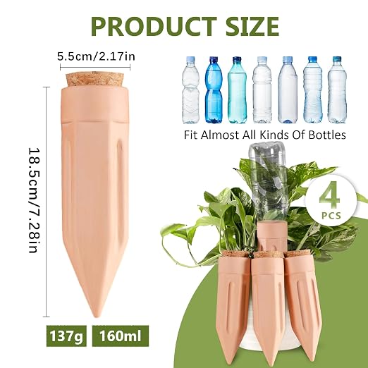 Terracotta Watering Spikes, 4 Pack Plant Watering Devices Self Watering Spikes Vacation Clay Watering Stakes Garden Plant Watering Globes for Indoor & Outdoor Plants