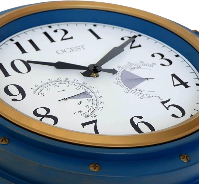 OCEST 16 Inch Indoor Outdoor Clock, Waterproof Wall Clock with Thermometer Hygrometer, Silent Non-Ticking Battery Operated Decor for Home Decor, Patio(Blue)