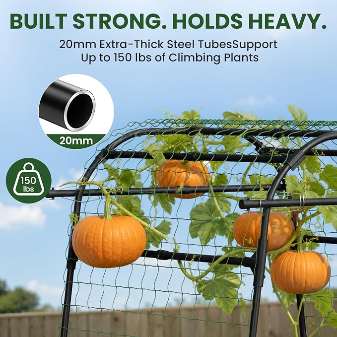 Heavy Duty Garden Arch Trellis for Climbing Plants, 20mm Thick Rustproof Metal Frame, Easy Assembly No Tools, 7.2ft Tall Vine Support with Netting & Gloves for Cucumbers Beans Roses