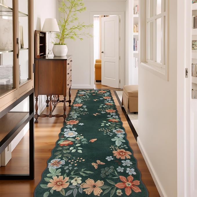 Lahome Floral Hallway Runner Rug Non Slip, 2'6''x10' Soft Washable Runners | Stain Resistant Runners for Hallways Kitchen Runners Carpet for Entryway Bathroom Flore (Dark Green)
