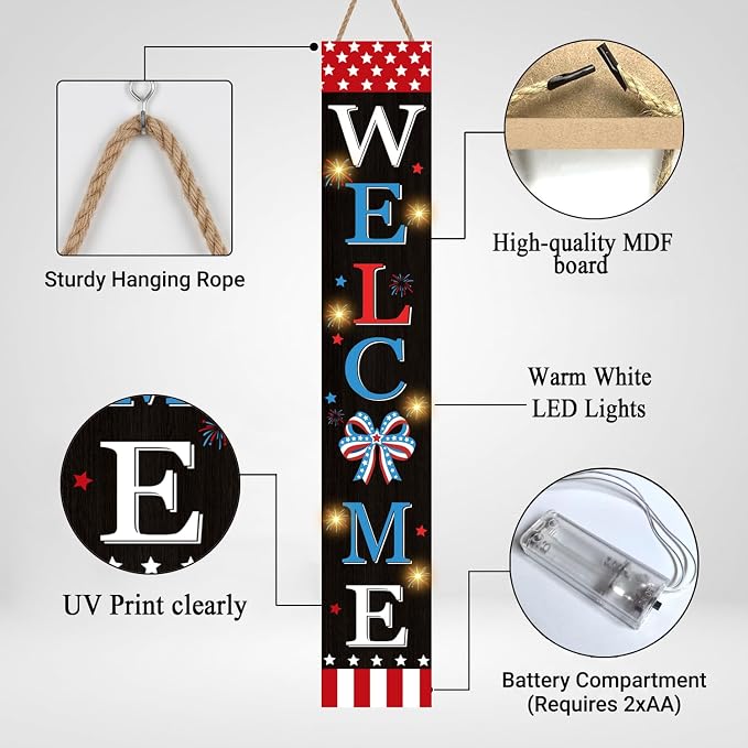 4th of July Welcome Sign with LED Lights, 47" Patriotic Wooden Door Porch Standing Decor Signs, Independence Day 250th Front Door Porch Decor, Memorial Day Home Yard Party Wall Hanging Decoration