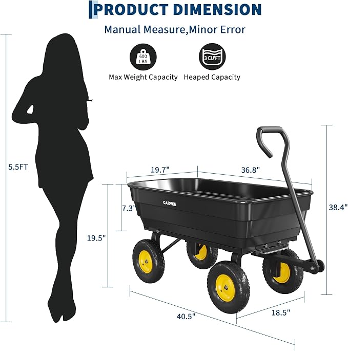 GarveeLife Poly Garden Dump Cart, 600 lb Wheelbarrow Yard Cart with 10 in Wheels, Quick-Dump & Towable Utility Wagon for Yard, Soil, Rocks（Black）