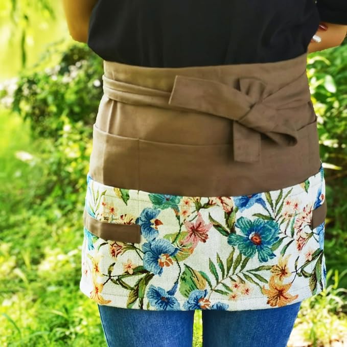 Garden Apron for Woman, Serve Apron Cute, Flora Half Apron with 8 Pockets, Valentines Gift for Mom Wife Girlfriend