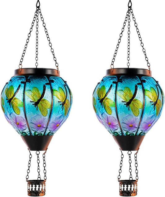 2 Pack Dragonfly Hot Air Balloon Solar Lantern Outdoor Waterproof, Glass Balloon Lanterns for Outside, Decorative Hanging Solar Lights Patio Garden Yard Gift for Women Moms
