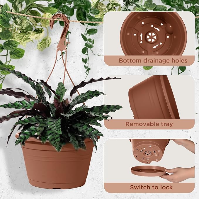 4 Pcs Hanging Planters for Indoor Plants,10" Large Plastic Hanging Basket with Drainage Trays & Chain Holder for Outdoor Indoor Plants Garden Balcony Decoration, Brown