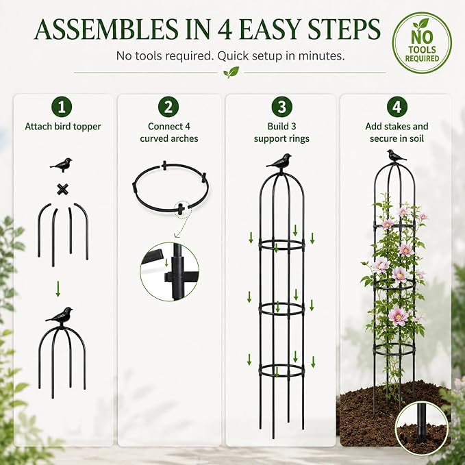FOLLOOK Garden Obelisk Trellis for Climbing Plants Outdoor, 67 Inch Lightweight Round Plant Support for Roses Clematis Cucumber Vines Raised Garden Bed Planter, Black, 2 Pack