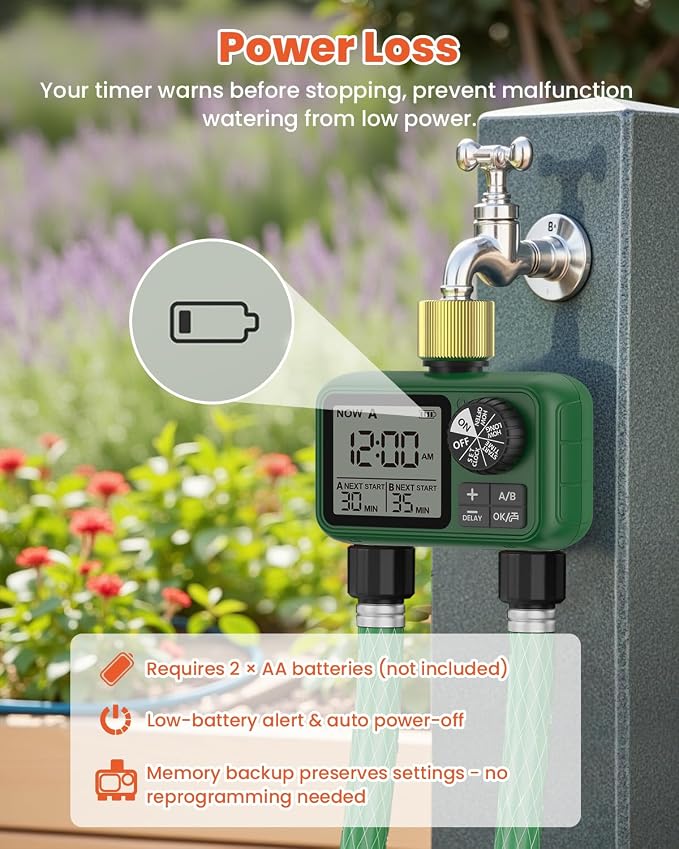 Water Timer for Outdoor Garden Hose, Sprinkler Timer for Garden Faucet with Auto/Manual/Rain Delay Mode, Sprinkler Irrigation Controller for Yard Lawn (2 Zones Brass Inlet & Outlet)