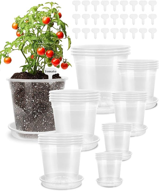 27 Pack Clear Nursery Pots with Drainage 12/9.5/8/7.5/6.7/5/4.5 Inch Nursery Pots with Saucers Transparent Seed Starting Pots Including Plant Labels for Indoor Outdoor Home Gardening