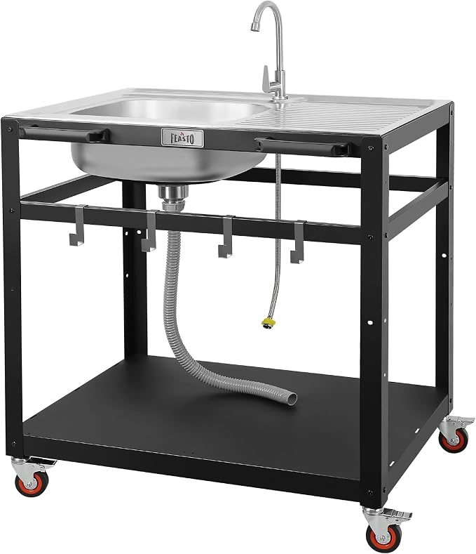 FEASTO 35-Inch Outdoor Grill Cart with Stainless Steel Sink, Rolling BBQ Prep Table with Faucet, Storage Shelves and Lockable Wheels for Patio, Backyard and Outdoor Cooking, Silver & Black | Rolling BBQ Prep Table with Faucet, Storage Shelves and Locka...