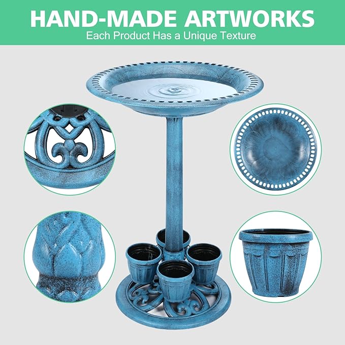Bird Bath for Outside with 4 Removable Flower Planters 28in Polyresin Lightweight Vintage Birdbath for Outdoors Stake Standing Bowl and Water Feeder Yard Garden Decor Blue