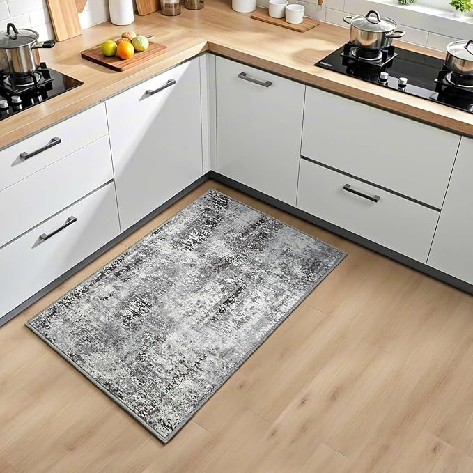 Dark Grey Washable Small Area Rug, 2x3 Abstract Non-Slip Door Mat, Modern Low Pile Indoor Entryway Rugs, Stain Resistant Throw Carpet for Front Door, Kitchen, Entry, Inside Entrance