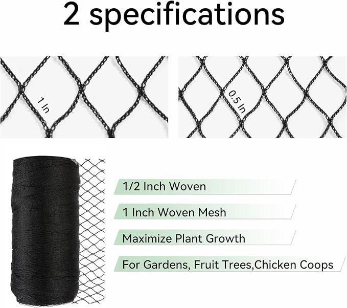 Bird Netting for Garden 7.5x65 Ft, 1/2 Inch Mesh Heavy Duty Garden Netting for Plants, Fruit Trees & Blueberries, UV Resistant Outdoor Protection Against Birds, Squirrels, Deer & Poultry