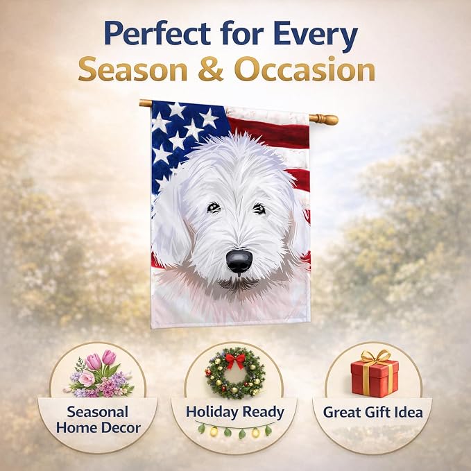 Caroline's Treasures CK6635CHF Old English Sheepdog American Flag House Flag Large Porch Sleeve Pole Decorative Outside Yard Banner Artwork Wall Hanging, Polyester, House Size, Multicolor
