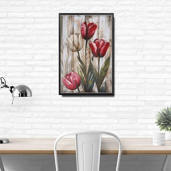 Metal Sign Tin Sign Vintage Rustic Tulips Tin Sign for Vintage Style Gardens Shabby Chic Decor and Distressed Wood Panels Home Deccor Store Home Decor for Pub 8×12 Inches with Metal Frame