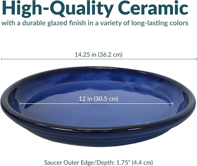 Sunnydaze 12-Inch Ceramic Plant Saucers - Plant Drip Trays for Outdoor Planter Flower Pot Drainage - Set of 2 - Imperial Blue