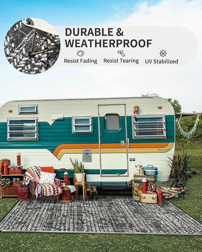 MontVoo Outdoor Rug Waterproof-Patio Rug Mat 6x9 Outdoor RV Camping Picnic Beach Mat Plastic Straw Rugs Outside Outdoor Area Rugs for Balcony Deck Backyard Grey