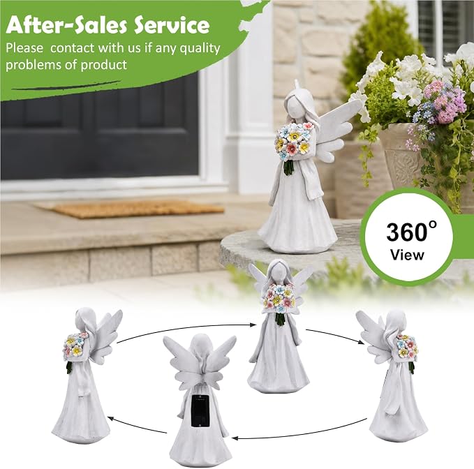 Solar Angel Statue with Bouquet LED Light Garden Decor | Hand-held flower bouquet design, solar powered LED auto-on at dusk, gifts for mom grandma, for patio yard lawn porch