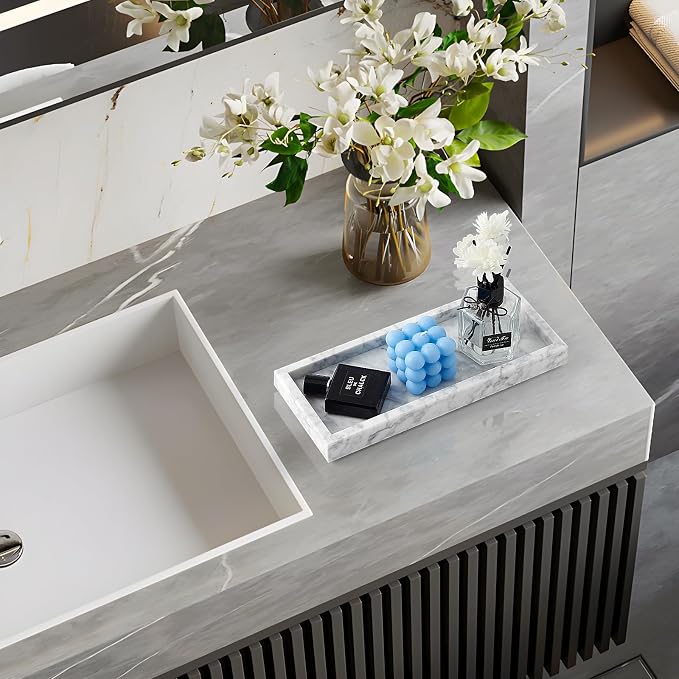 Real Natural Marble Tray for Bathroom, Vanity, Kitchen and Desktop, Rectangle Genuine Marble Stone Tray for Jewelry, Cosmetics, Candles, Lotion, Perfume and Home Decor, 12"x5" Size