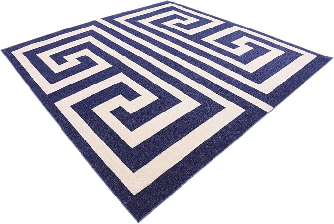 Unique Loom Athens Collection Classic Geometric Modern Border Design Area Rug (8' 0 x 8' 0 Square, Navy Blue/ Beige)