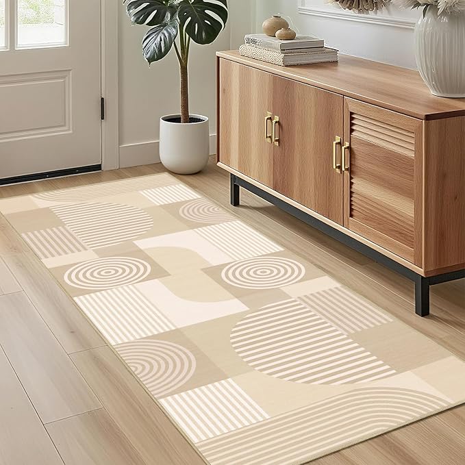 Beige Geometric 2x6 Runner Rug for Hallway Kitchen Bedroom White Machine Washable Mid Century Modern Rug Non Slip Low Pile Minimalist Line Rugs Long Floor Mat Carpet for Bathroom Laundry,Beige