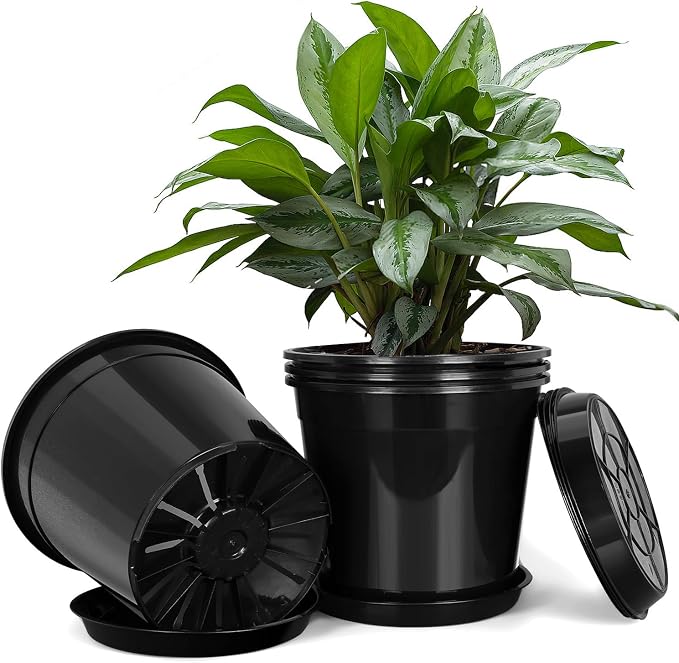 FUIJOL 7 Gallon Plastic Pots with Drip Trays, Sturdy Gallon Plant Pots with Drainage Holes, Large Gallon Pots for Flowers, Ideal for Indoor and Outdoor Use (7Gallon-4PACK)