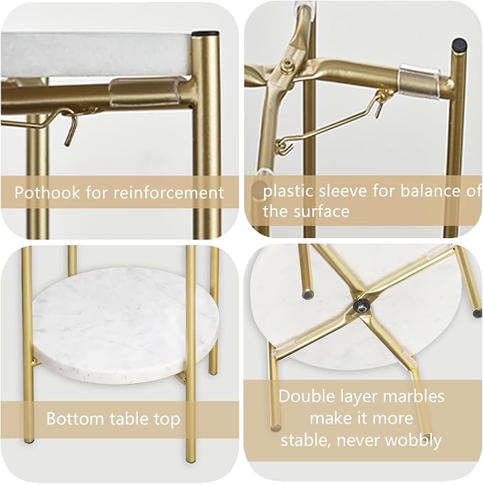 Gold Plant Stand Indoor Tall - 2 Tier White Marble Top Side Table, 29.5 Inch Modern Round Metal End Table for Living Room Corner, Small Bedside Tables for Entryway & Bedroom (11x11, Gold)