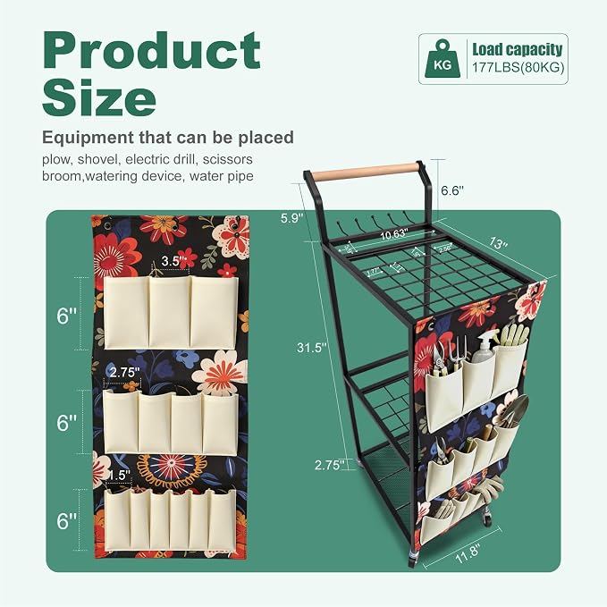 Garden Tool Organizer with Wheels 3 Tier Yard Tool Organizer Rack with Side Storage Pockets Sturdy Metal Steel Holder with 6 Hooks for Garage, Yard, Patio, Shed