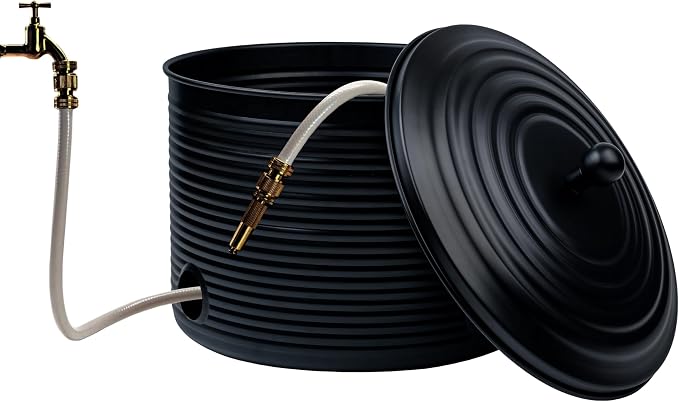 Garden Hose Holder Storage Pot with Lid Antique Ribbed | Water Hose Container Pot Outdoor or Indoor Use | Expandable Water Hose Hider Metal | Holds 125 ft Hose