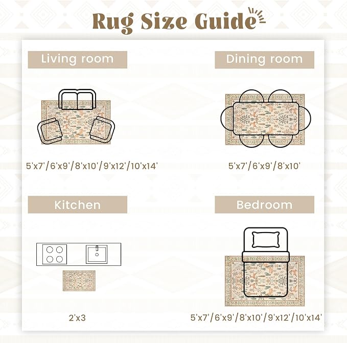 Living Room Rugs 9x12: Washable Boho Rug Farmhouse Non Slip Stain Resistant Large Rug Low Pile Soft Carpet for Bedroom Dining Room Children Room (Cream Animal,9'x12')