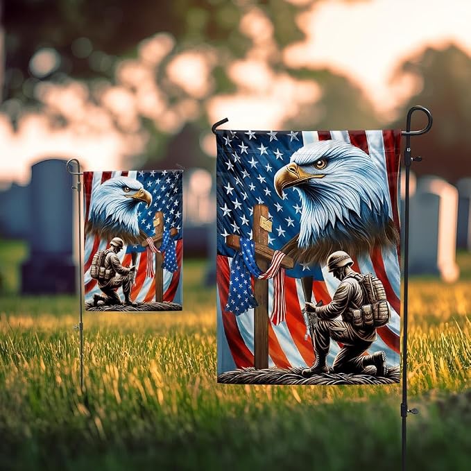 American Flag-Patriotic Eagle Veteran Kneeling Soldier Christ Cross Memorial Day American Flag MLN2793F, 3x5 ft. Flag-USA Flags Premium Polyester-Decorative Indoor Outdoor Flag