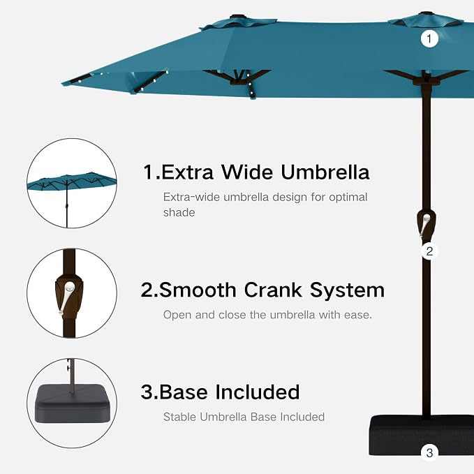 Kingdura 15ft Large Patio Umbrella with Solar Lights, Double-Sided Rectangle Outdoor Table Umbrella with Base Included, 12 Reinforced Ribs, 48 Led Lights, Crank Lift for Market Pool Deck, Lake blue