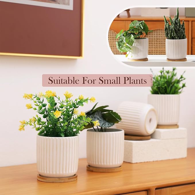 4 Inch Ceramic Plant Pots with Saucer and Drainage Hole | Creative Stripe Small Planters Pot, for Succulent Cactus Herbs, White, Set of 4
