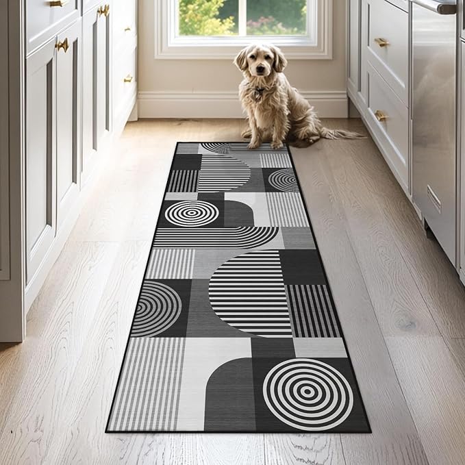Grey Geometric 2x6 Runner Rug for Hallway Kitchen Bedroom Black White Mid Century Modern Machine Washable Rug Non Slip Low Pile Gray Minimalist Runner Rugs Long Floor Mat Carpet for Laundry