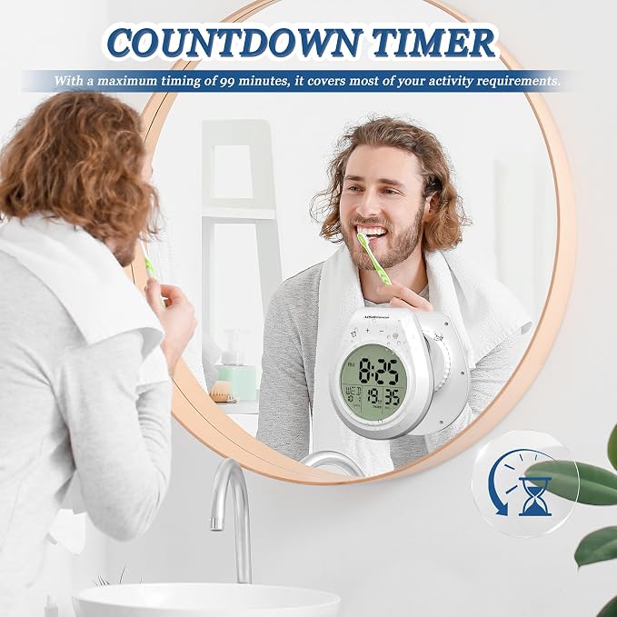 Shower Clock Waterproof Bathroom Timer, Digital Wall Clock Kitchen Clock with Countdown, Touch Screen, Temperature, Calendar, Suction Cup Hanging Hole, for Spa Cook Bath