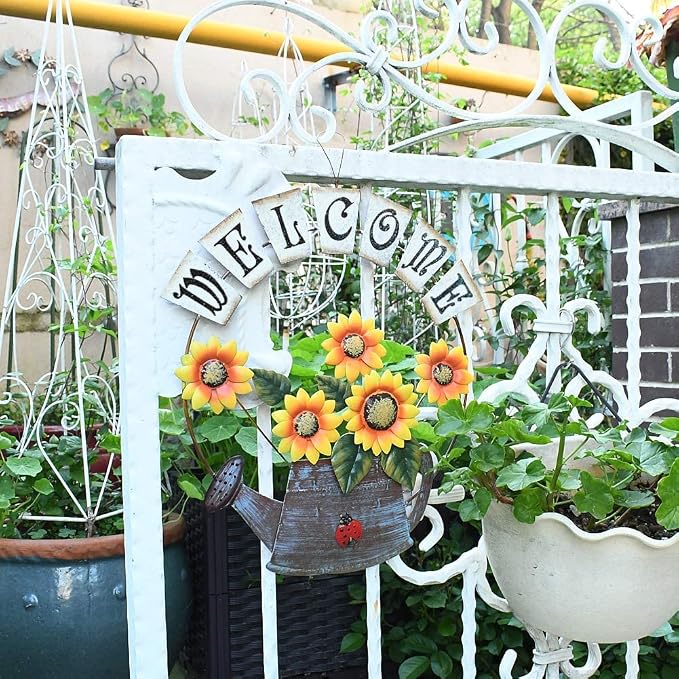 Morning View Metal Sunflower Welcome Sign Hanging Flower Wall Decor Door Sign Decorative Wall Plaque Outdoor Garden Porch Yard Home Decor 14X15.5 Inch